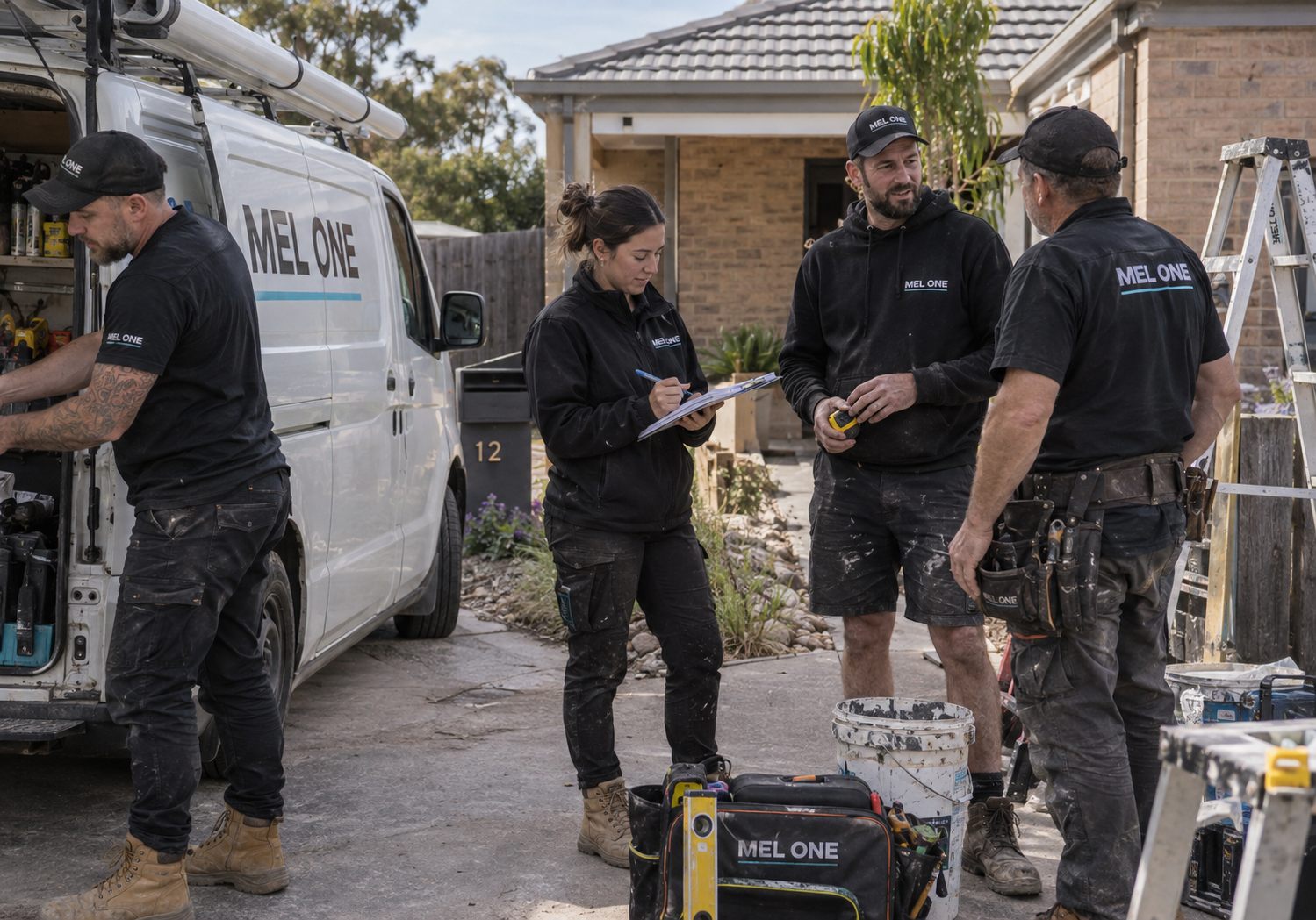 MEL ONE team coordinating work on site beside a MEL ONE work vehicle