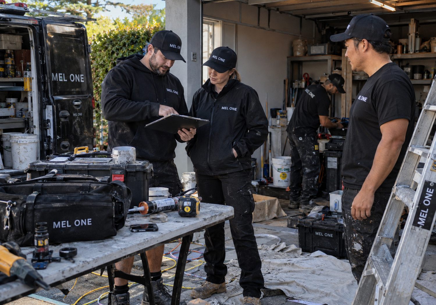 MEL ONE team reviewing a work scope and preparing equipment at a job site