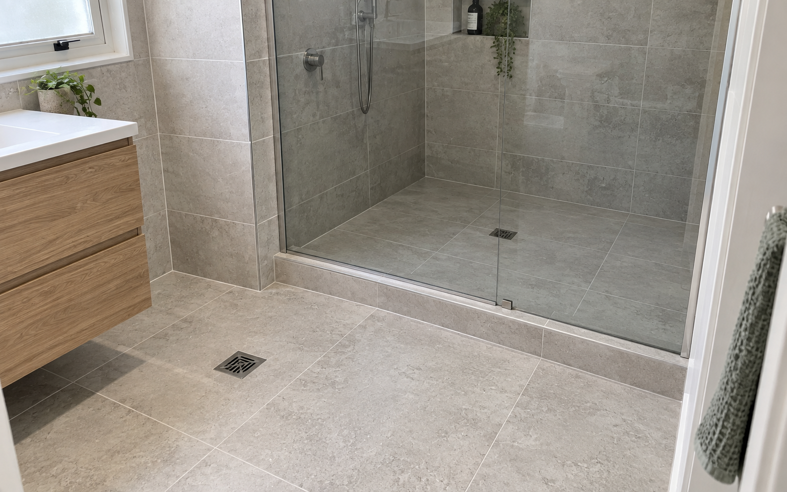 Tiled bathroom floor, shower screen and floor-drain details