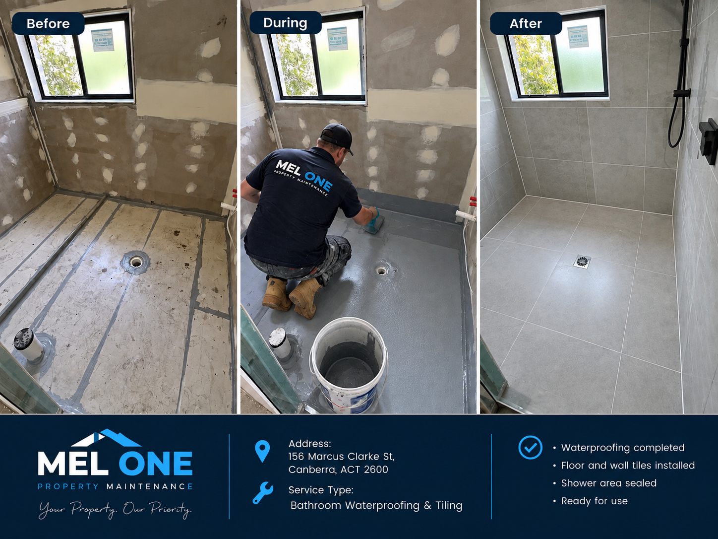 MEL ONE bathroom waterproofing and tiling project sequence in Canberra, ACT 2600, showing before, during and after work