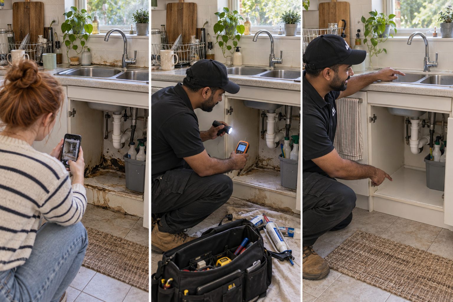 Kitchen cabinet moisture inspection, assessment and cleaned cabinet base