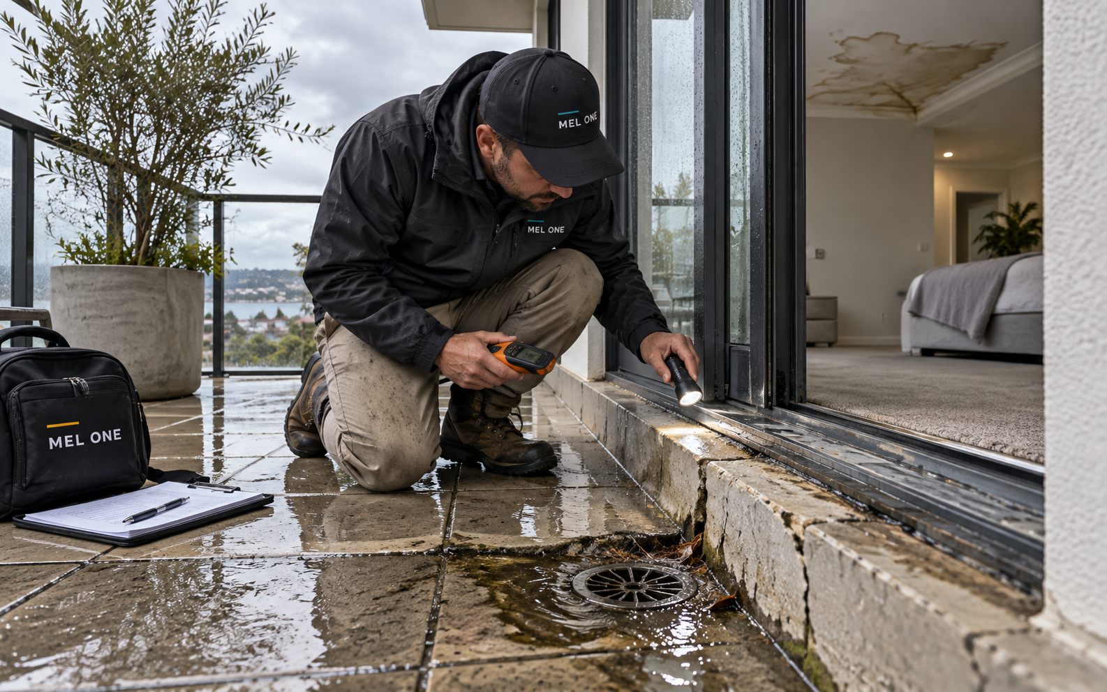 MEL ONE inspecting a wet balcony threshold and surrounding drainage detail