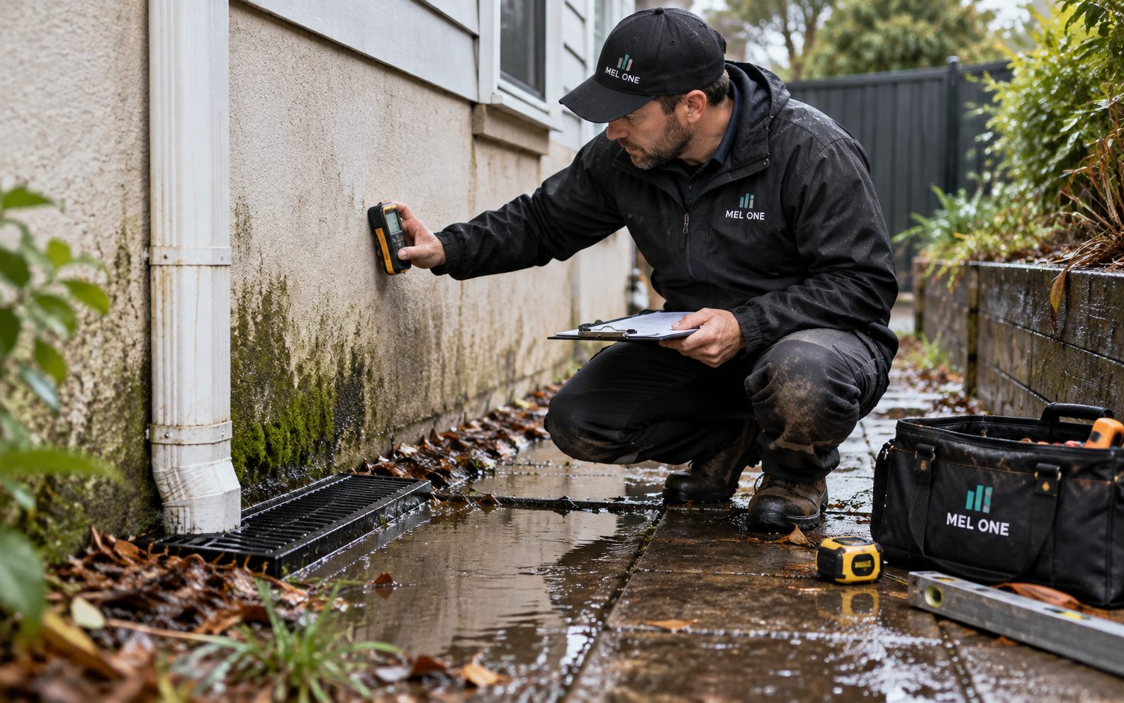 MEL ONE inspecting an external wall, downpipe and drainage area after rain