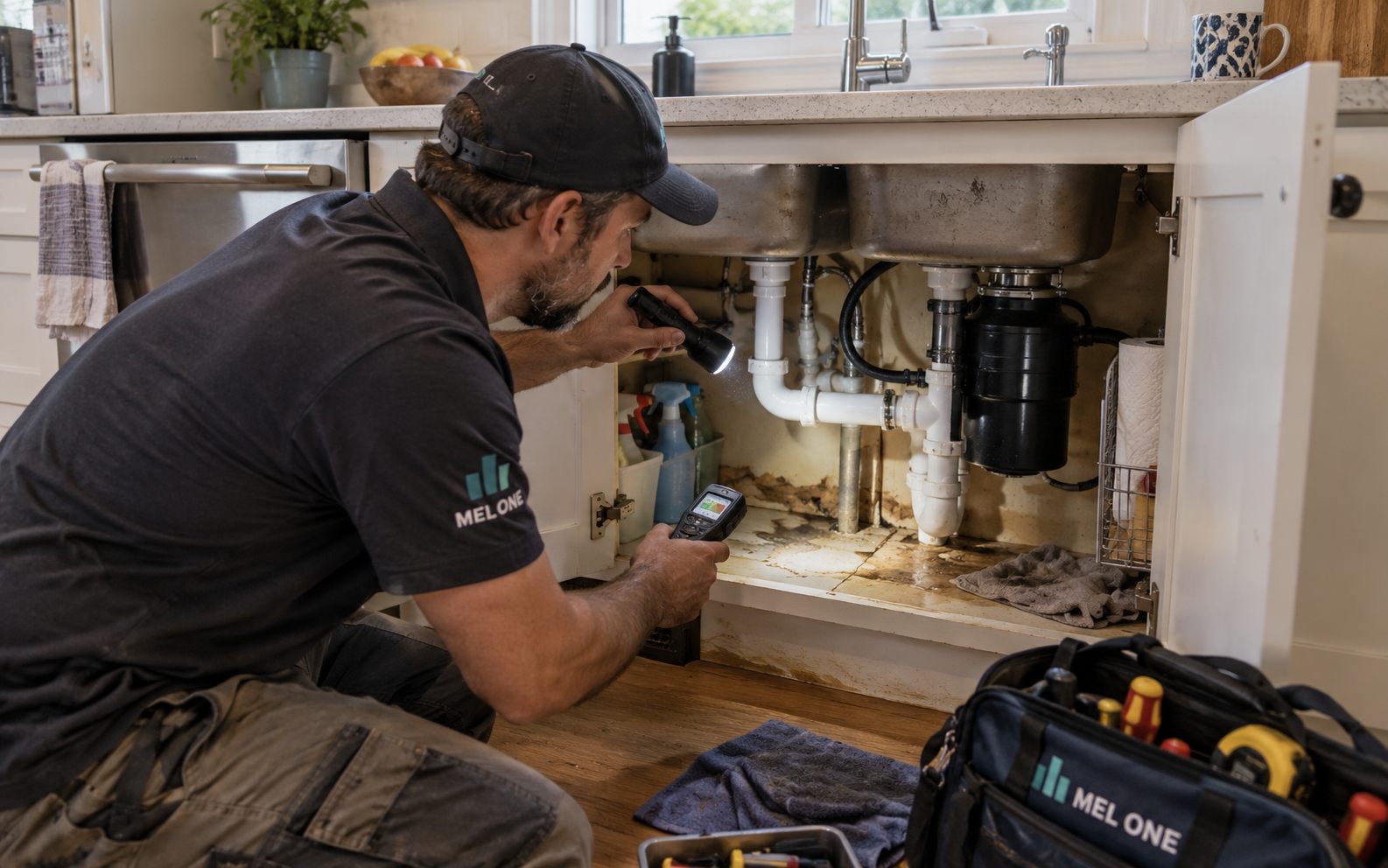 MEL ONE inspecting moisture and plumbing details inside a kitchen sink cabinet