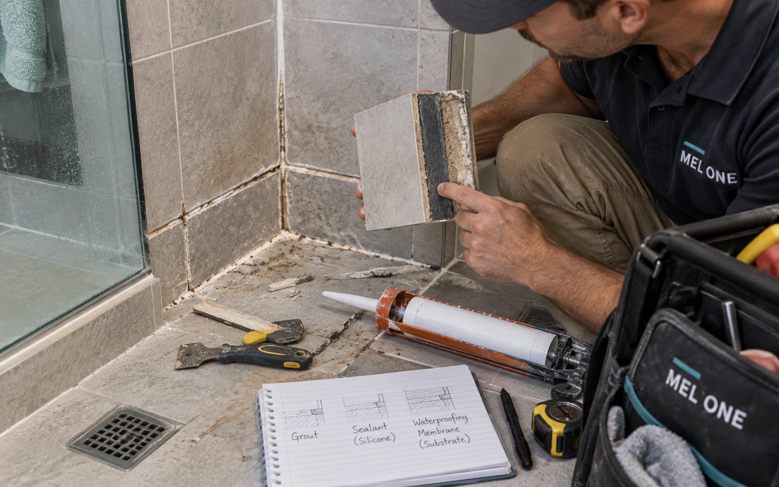 MEL ONE showing tile, sealant and waterproofing membrane layers during a shower assessment