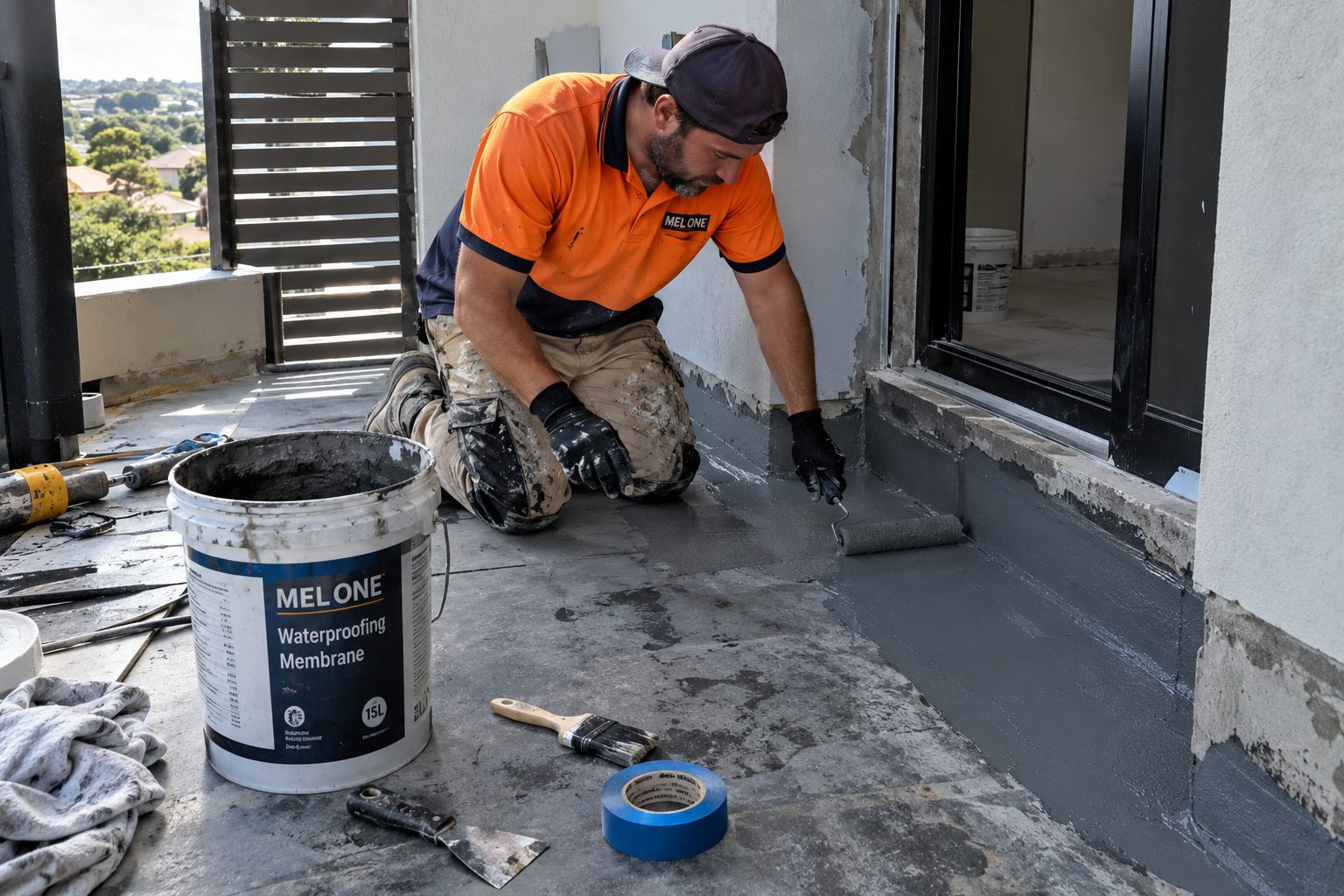 MEL ONE applying waterproofing membrane at an exterior balcony junction