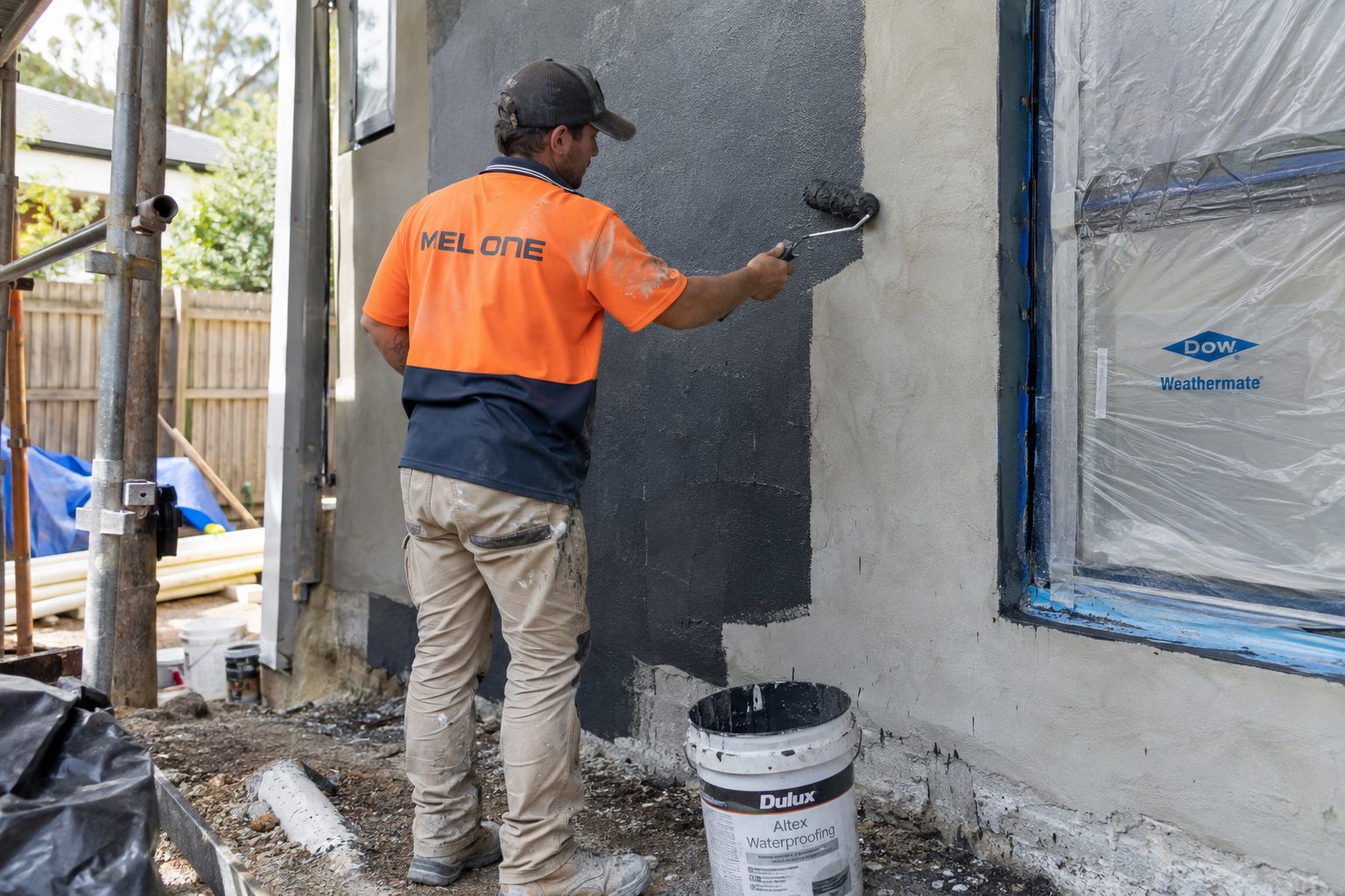MEL ONE applying external waterproofing at a wall and window junction