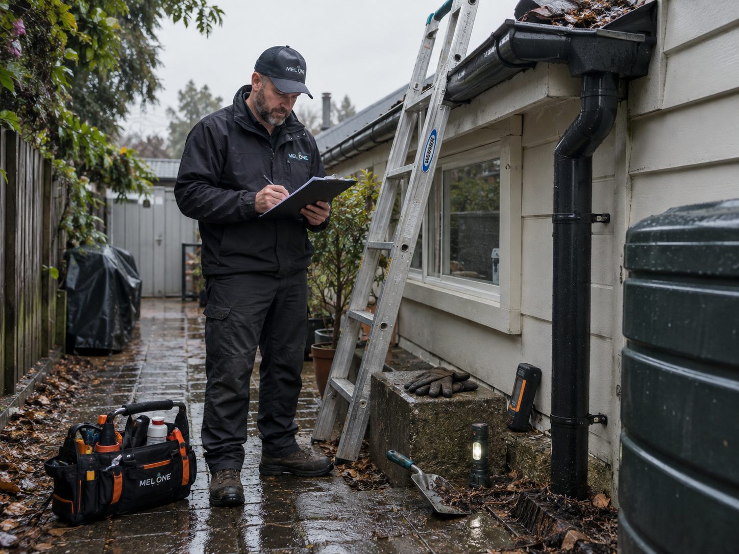 MEL ONE inspecting gutters, downpipes and drainage beside a home during wet weather