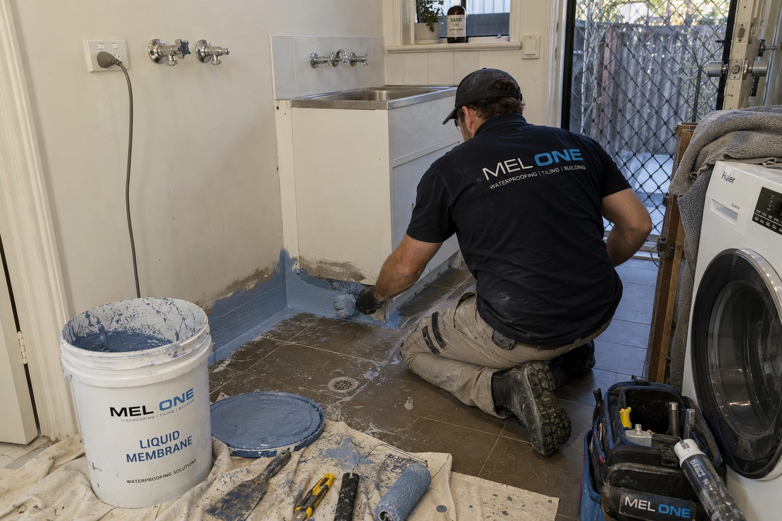MEL ONE applying waterproofing membrane in a laundry