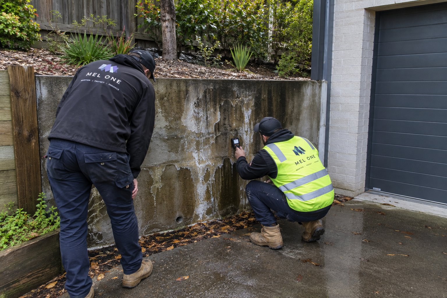 MEL ONE team inspecting moisture at a retaining wall beside a garage